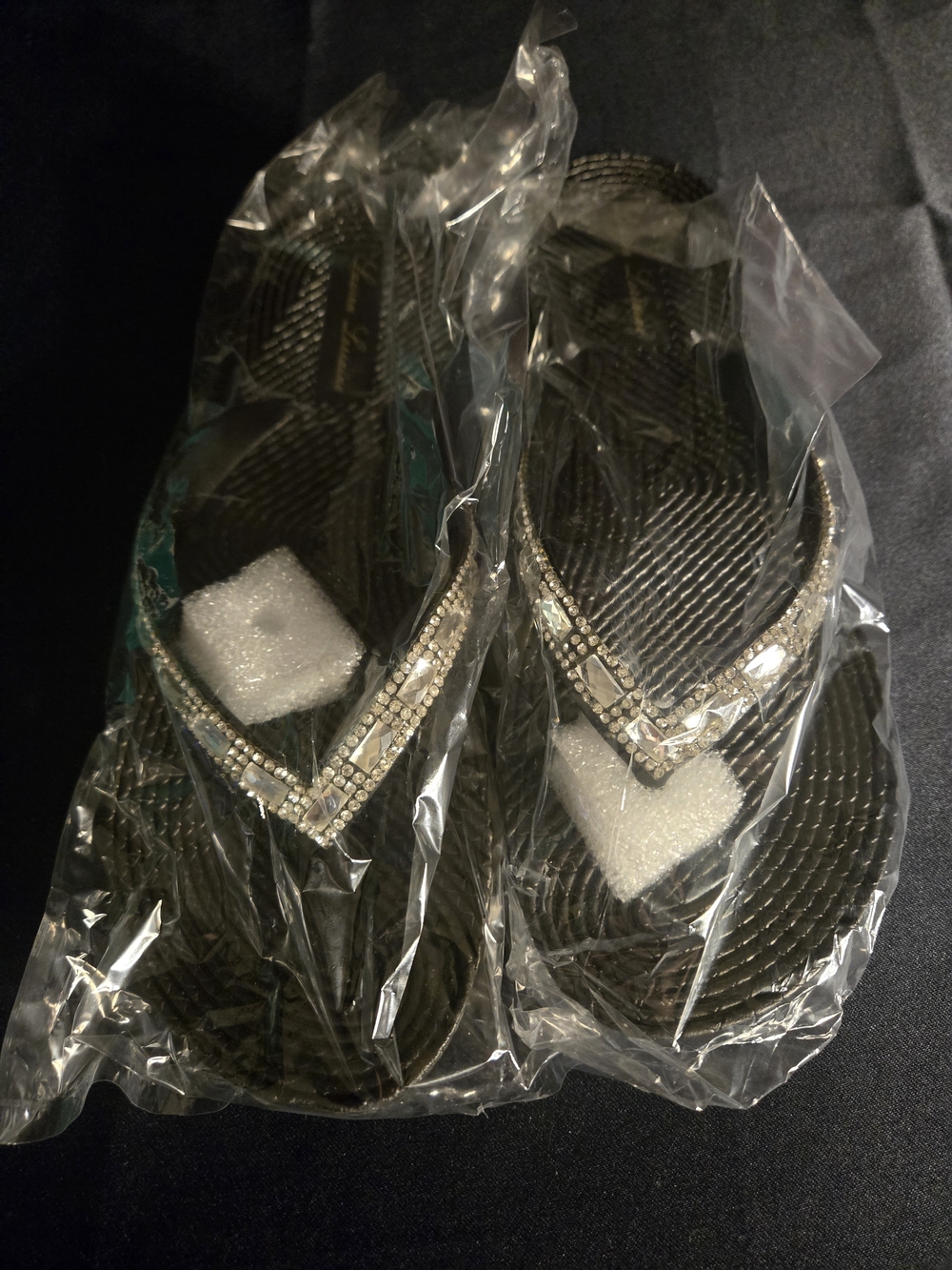 Lauren Lorraine Black Flip Flop Sandals with Crystal Accents